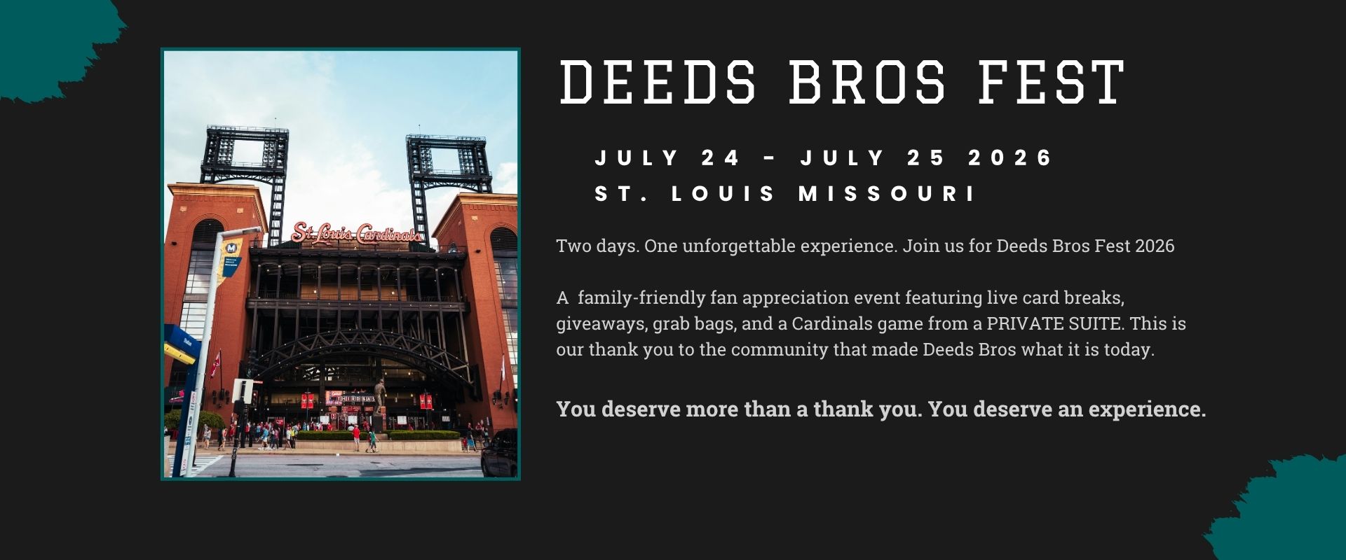 Promotional graphic for Deeds Bros Fest 2026 event in St. Louis, Missouri. MLB, Cincinnati vs Reds